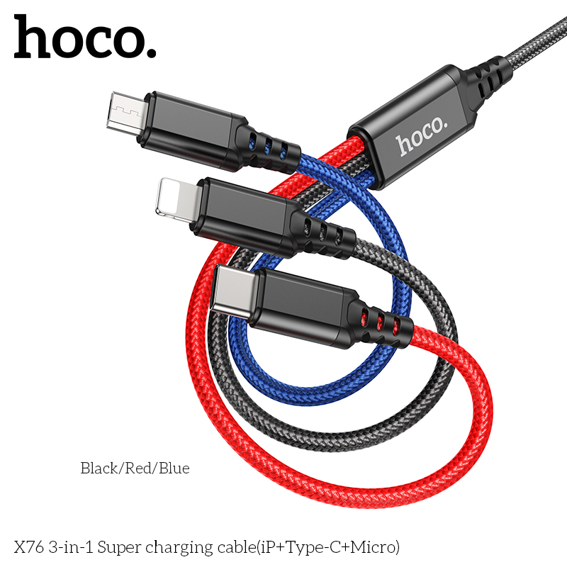 Cáp Sạc Hoco X76 3-In-1 Lightning+ Type-C + Micro