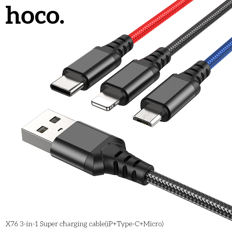 Cáp Sạc Hoco X76 3-In-1 Lightning+ Type-C + Micro