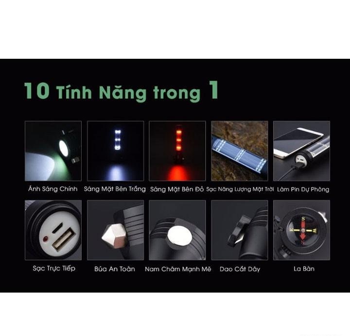 Đèn Pin Cứu Hộ 11 Chức Năng Dùng Pin Sạc Và Năng Lượng Mặt Trời Siêu Sáng