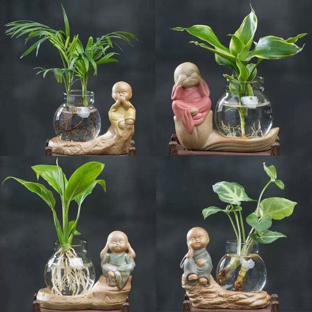 Bộ 4 Tượng Chú Tiểu 4 Không Kèm Bình Hoa Thủy Tinh