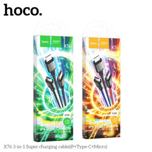 Cáp Sạc Hoco X76 2.0A 3 Đầu Cổng IP + TypeC + Micro Dây Dài 1m