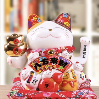 Tượng Mèo Thần Tài Gốm Men Vẫy Tay 24cm Loại Lớn Kèm Đệm Đỏ Và Dây Nguồn