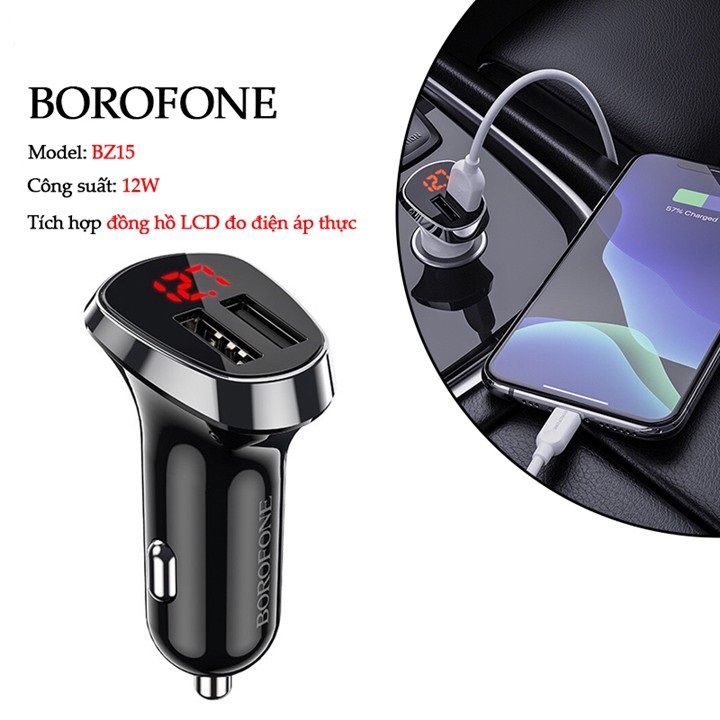 Cóc Sạc Xe Hơi Borofone Bz15 12W  2.4A Có LCD 2 Cổng USB