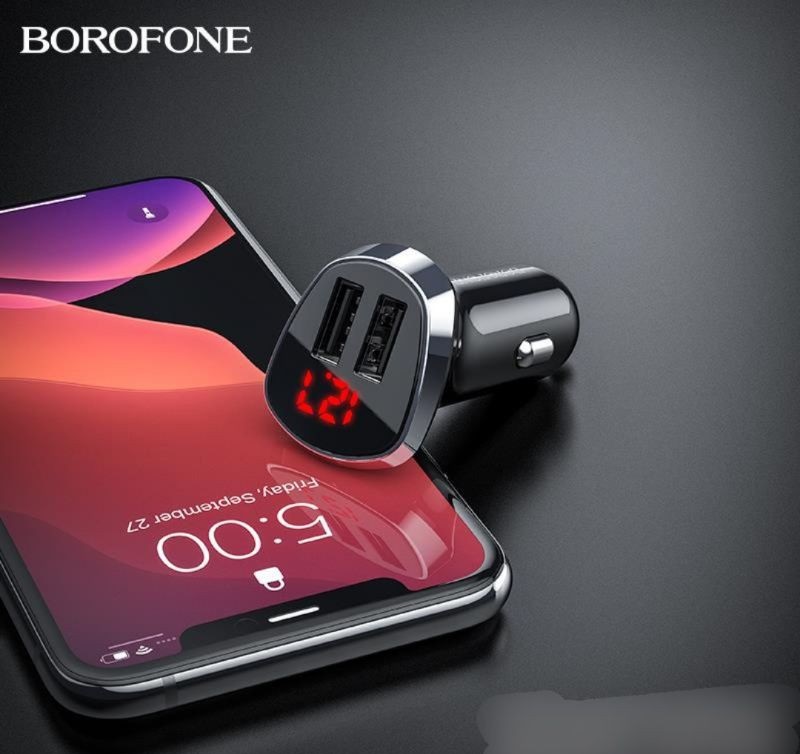 Cóc Sạc Xe Hơi Borofone Bz15 12W  2.4A Có LCD 2 Cổng USB