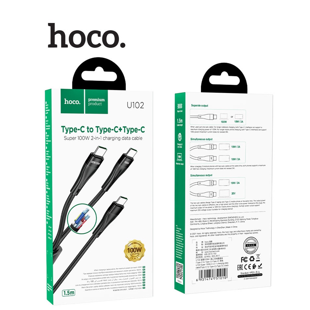 Cáp Sạc 2In1 Hoco U102 Sạc Nhanh 100W Type-C To Type-C + Type-C Dây Nylon Bện Dài 150Cm Cho Android Cáp Sạc 2In1 Hoco U102 Sạc Nhanh 100W Type-C To Type-C + Type-C Dây Nylon Bện Dài 150Cm Cho Android