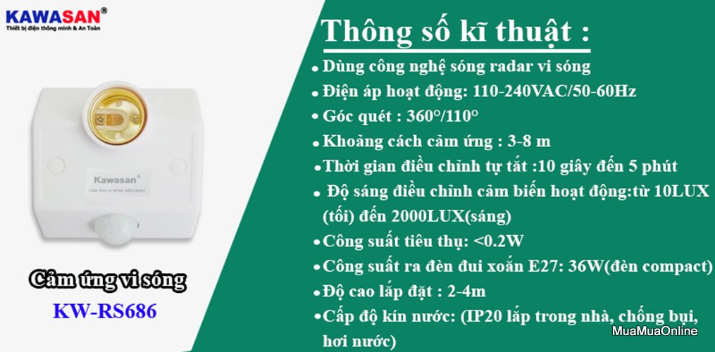 Đui Đèn Cảm Ứng Vi Sóng Kawasan KW-RS686 Cao Cấp