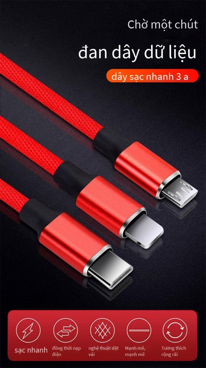 Cáp 3 Đầu Báo Sạc Nhanh Cáp 3 Đầu Báo Sạc Nhanh