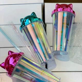 Bình Đựng Nước Hai Lớp Tai Mèo Lấp Lánh 380Ml Kèm Ống Hút