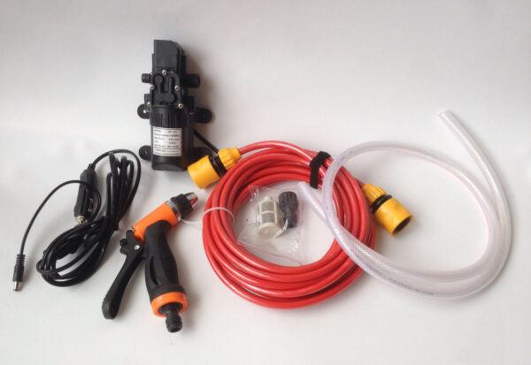 Bộ Máy Bơm Rửa Xe Mini Nguồn 12V Dùng Cho Ô Tô Tăng Áp Lực Nước Cực Mạnh