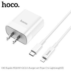 Bộ Sạc Nhanh Hoco C80 PD20W QC3.0 2 Cổng Type-C + USB-A Kèm Cáp Type-C To IP Dây Dài 1m