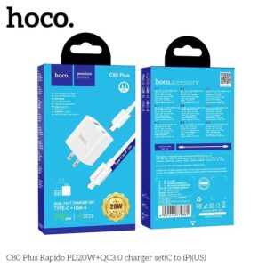 Bộ Sạc Nhanh Hoco C80 Plus PD20W QC3.0 2 Cổng Sạc Type-C + USB-A Kèm Cáp Type-C To IP Dài 1m