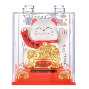 Mèo Thần Tài Ôm Hũ Vàng, Túi Vàng Vẫy Tay 10x8cm Dùng Pin Năng Lượng Mặt Trời
