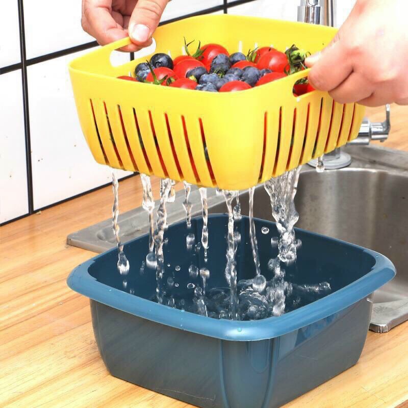 Bộ Rổ Nhựa Kèm Thau Có Nắp Liên Kết Tiện Dụng(Rổ Có Đế Thoát Nước)