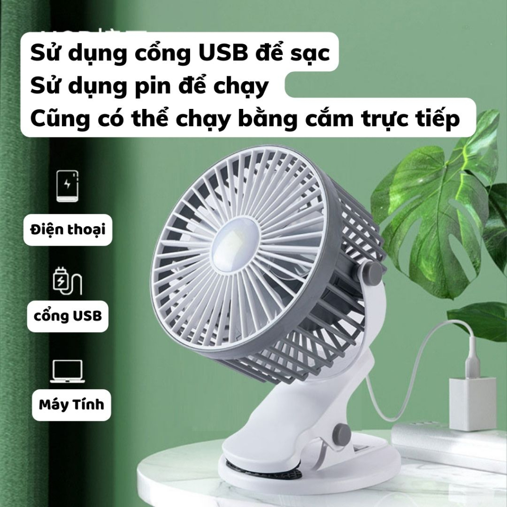 Quạt Cầm Tay Mini Kẹp Bàn Kesijar K6 Pin Tích Điện Vừa Quạt Vừa Đèn Chiếu Sáng Size Lớn (Cái)