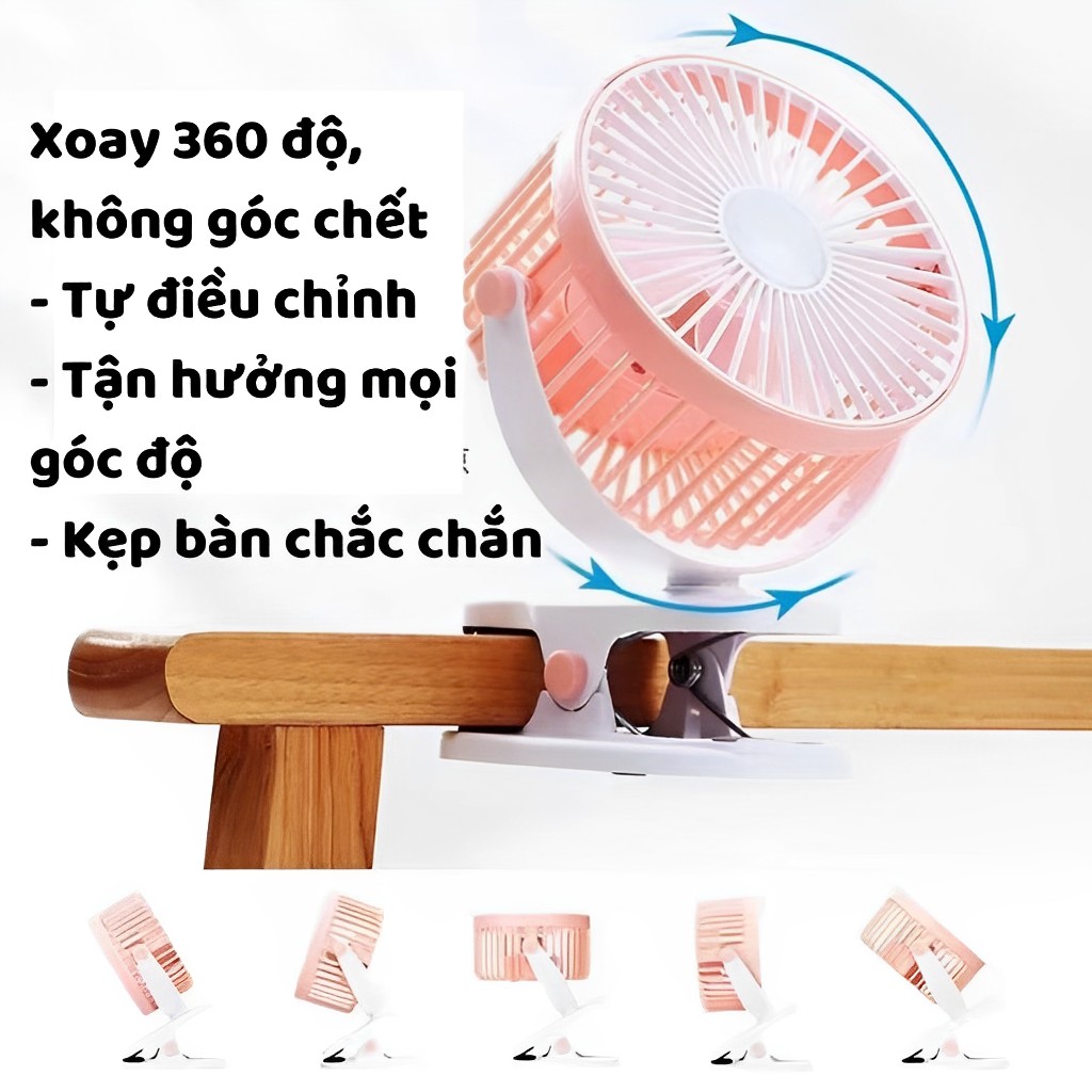 Quạt Cầm Tay Mini Kẹp Bàn Kesijar K6 Pin Tích Điện Vừa Quạt Vừa Đèn Chiếu Sáng Size Lớn (Cái)