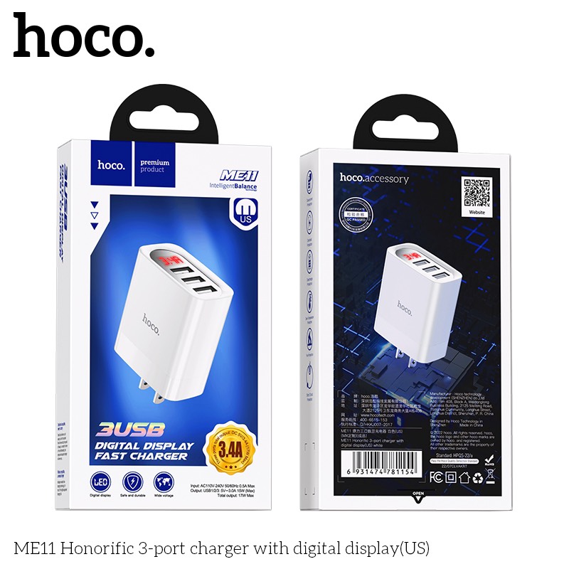 Cóc Sạc Nhanh Me11 3 Cổng 3.4A Hàng Chính Hãng Hoco