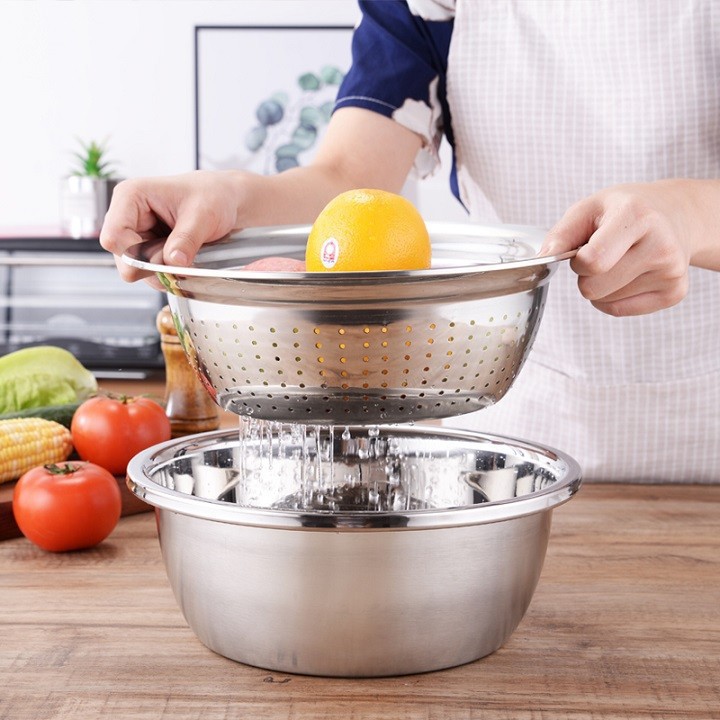 Rổ Bằng Inox 3In1 Gồm Nạo, Thái, Cắt Rau Củ Quả, Dùng Để Đựng, Rửa, Nấu Ăn (T80)