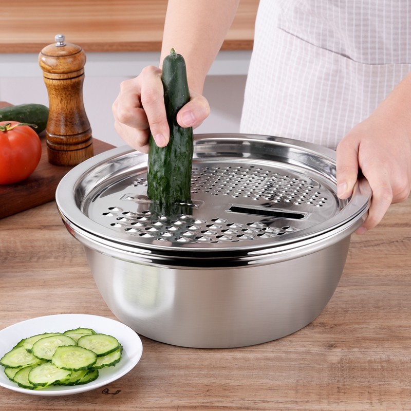 Rổ Bằng Inox 3In1 Gồm Nạo, Thái, Cắt Rau Củ Quả, Dùng Để Đựng, Rửa, Nấu Ăn (T80)