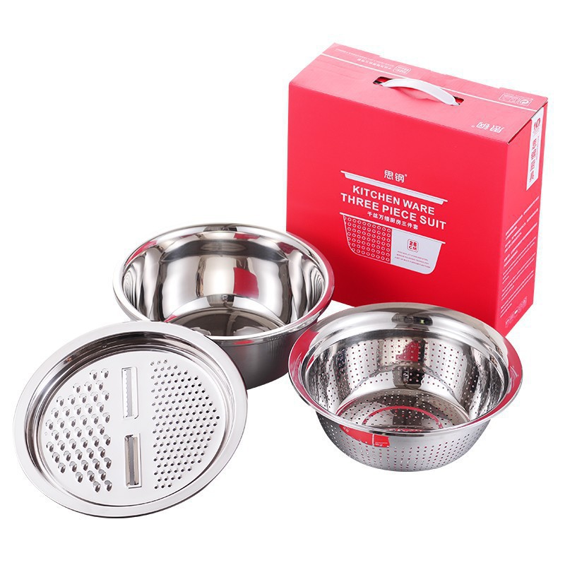 Rổ Bằng Inox 3In1 Gồm Nạo, Thái, Cắt Rau Củ Quả, Dùng Để Đựng, Rửa, Nấu Ăn (T80)