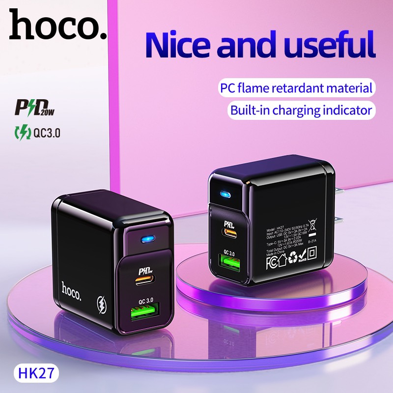 Cóc Sạc Nhanh Hk27 Pd20W + Qc 3.0 Hàng Chính Hãng Hoco
