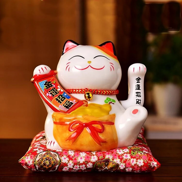 Mèo Thần Tài May Mắn Gốm Men Cao Cấp (16X14X16Cm)