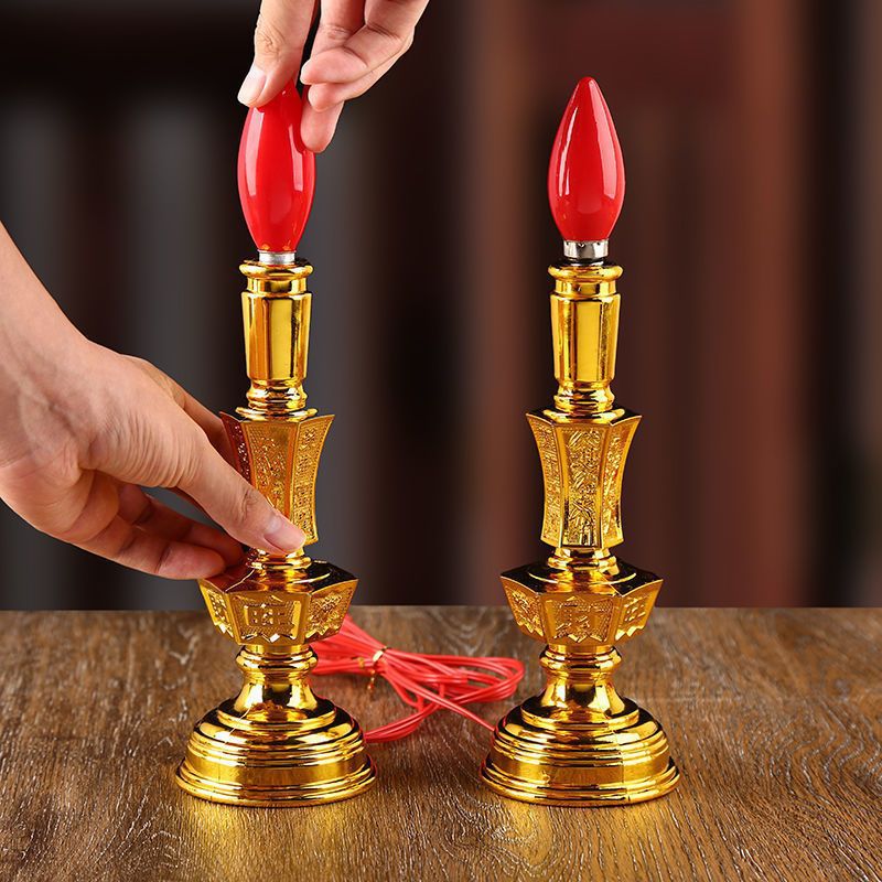 Cặp Đèn Thờ Đế Vàng Bóng Đỏ Có Công Tắc