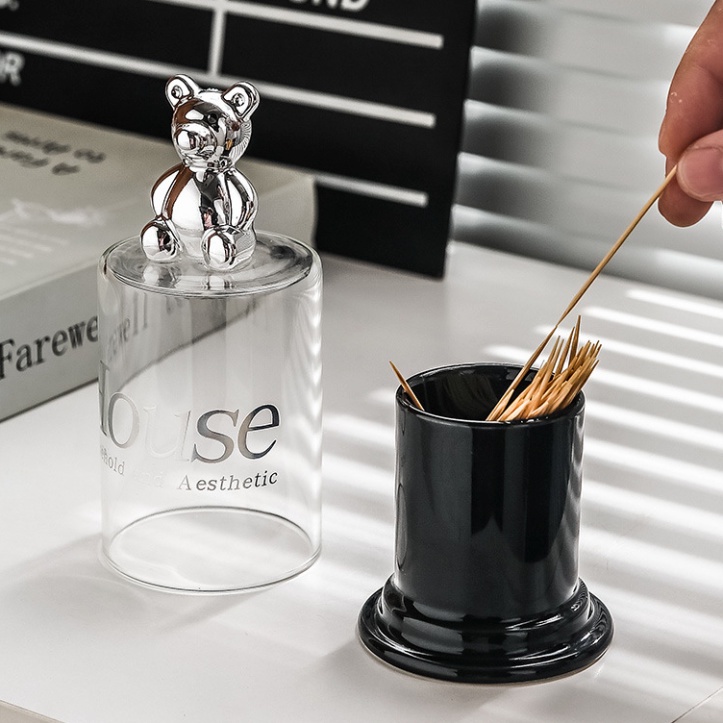 Hộp Đựng Tăm Decor Cực Sang Trọng, Phối Màu Xám Hoặc Đen Cùng Nắp Trong Suốt Hình Gấu