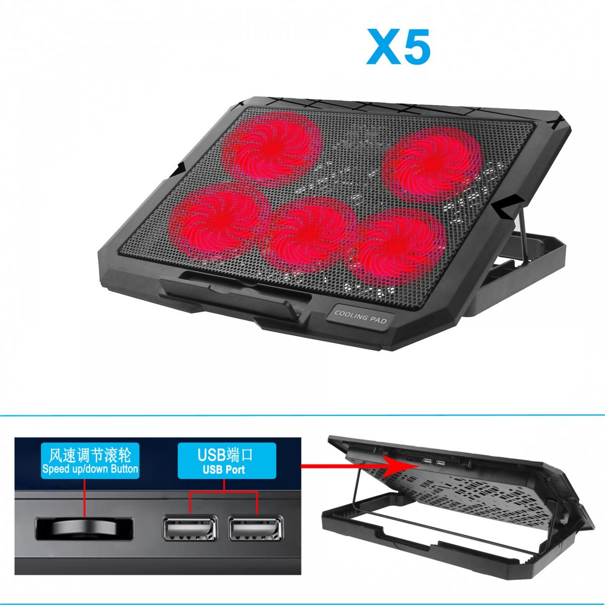 Đế Tản Nhiệt Laptop X5 (5 Fan) 5 Quạt Lớn Có Đèn Led Đế Tản Nhiệt Laptop X5 (5 Fan) 5 Quạt Lớn Có Đèn Led