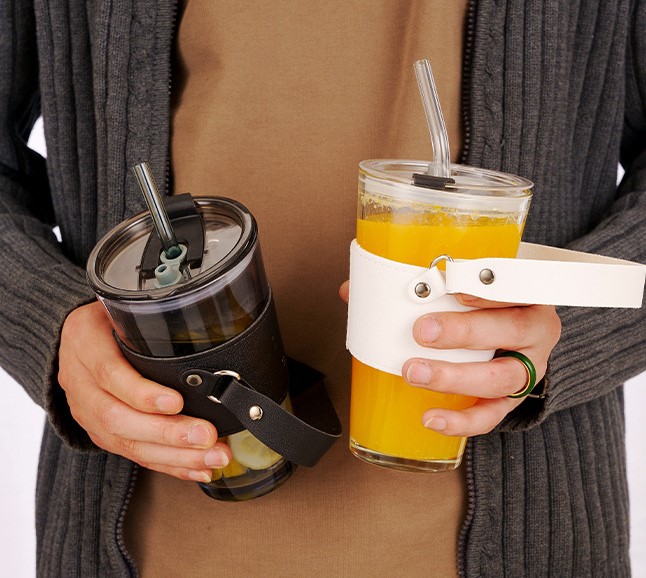 Cốc Thuỷ Tinh Quai Xách Dây Da Dung Tích 450Ml