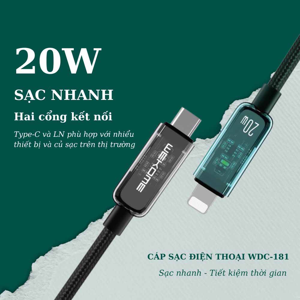 Cáp Sạc Nhanh Pd 20W Wekome(Wdc-181) Dây Dài 1M Type C Sang Ip Cáp Sạc Nhanh Pd 20W Wekome(Wdc-181) Dây Dài 1M Type C Sang Ip