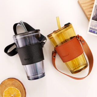 Cốc Thuỷ Tinh Bọc Da 450ml Ly Cao Kèm Ống Hút