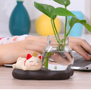 Mèo Thần Tài May Mắn Để Bàn Kèm Chậu Thủy Tinh Trồng Cây, Nuôi Cá