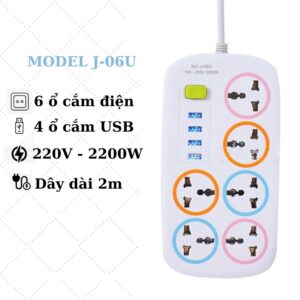 Ổ Điện 6 Ổ Cắm 4 Cổng Usb Dài 1.6M 2200W Đa Năng Có Công Tắc