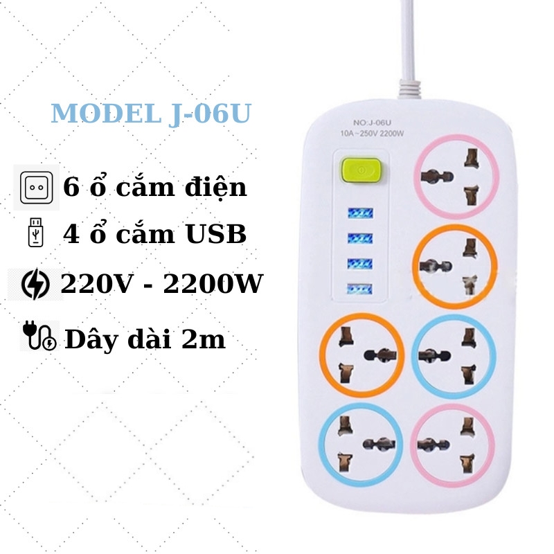 Ổ Điện 6 Ổ Cắm, 4 Usb Dây 2,5M - Hình Chữ Nhật J06U Ổ Điện 6 Ổ Cắm, 4 Usb Dây 2,5M - Hình Chữ Nhật J06U