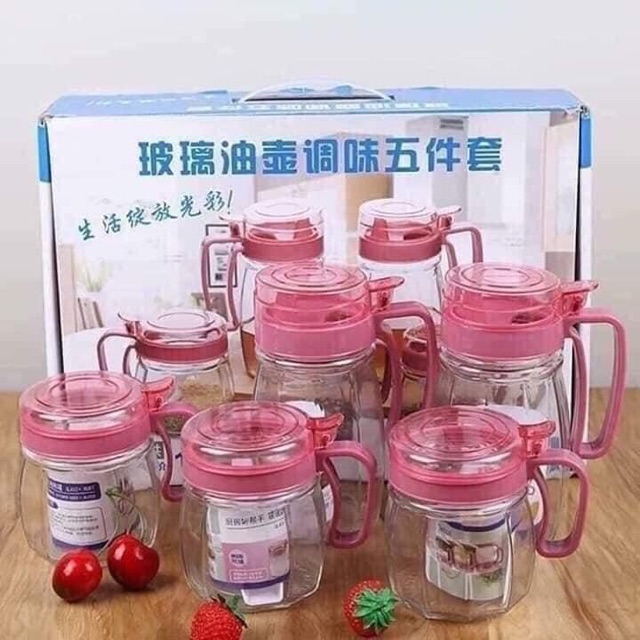 Sét 5 Hũ Gia Vị Thủy Tinh Quai Hồng