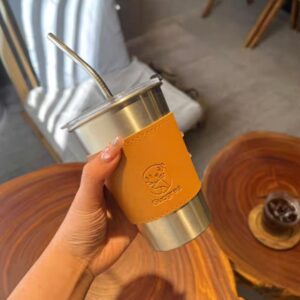 Ly Inox Bọc Da Gucgres 500Ml Kèm Ống Hút Inox