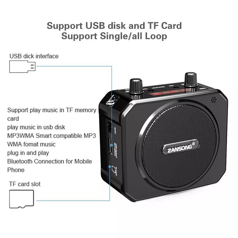 Loa Trợ Giảng Không Dây Zansong M80 Kèm Mic Cài Đầu Có Bluetooth