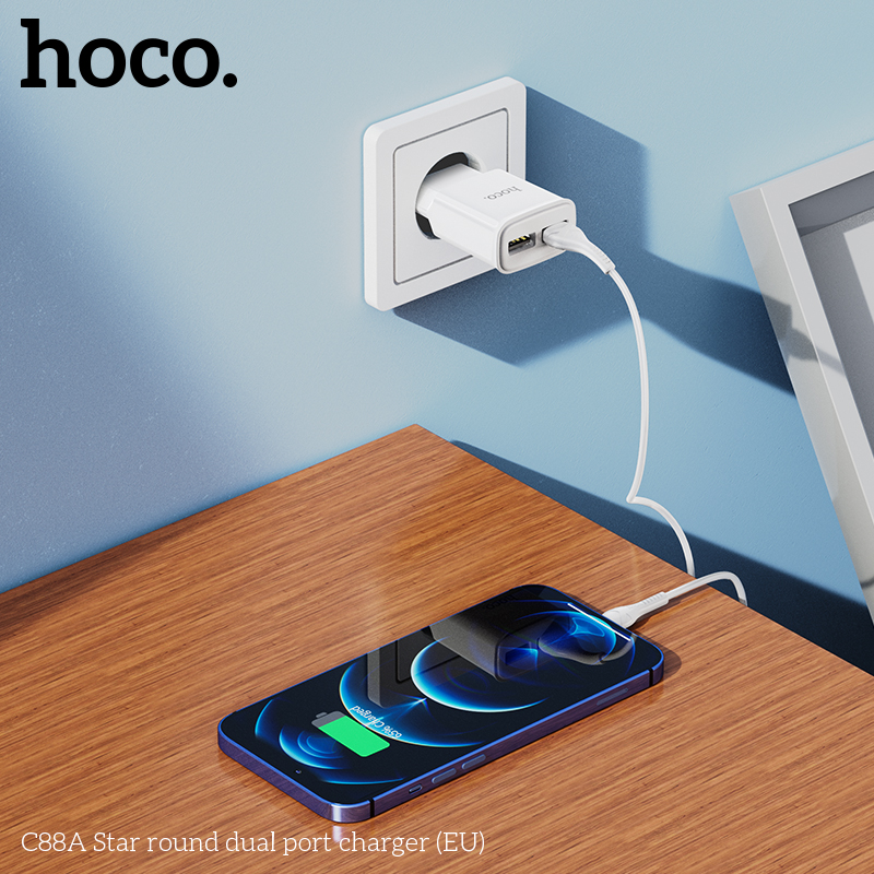 Củ Sạc 2 Cổng Hoco C88A Dòng 2.4A Chân Cắm Eu Củ Sạc 2 Cổng Hoco C88A Dòng 2.4A Chân Cắm Eu