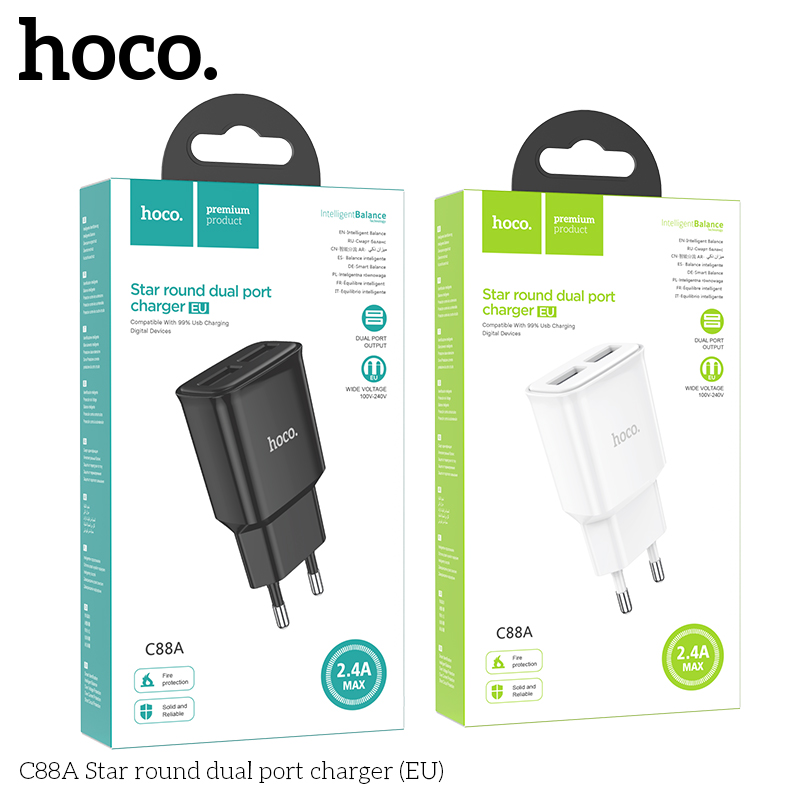 Củ Sạc 2 Cổng Hoco C88A Dòng 2.4A Chân Cắm Eu Củ Sạc 2 Cổng Hoco C88A Dòng 2.4A Chân Cắm Eu