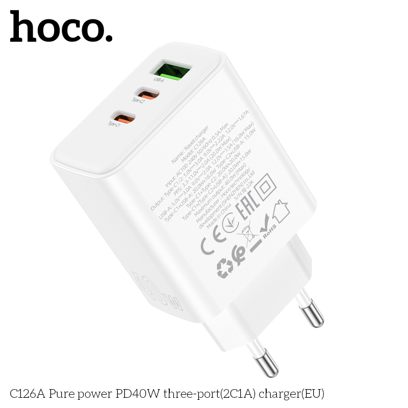 Cốc Sạc Nhanh Hoco C126A Pd40W 3 Cổng Sạc (1 Usb, 2 Type C)