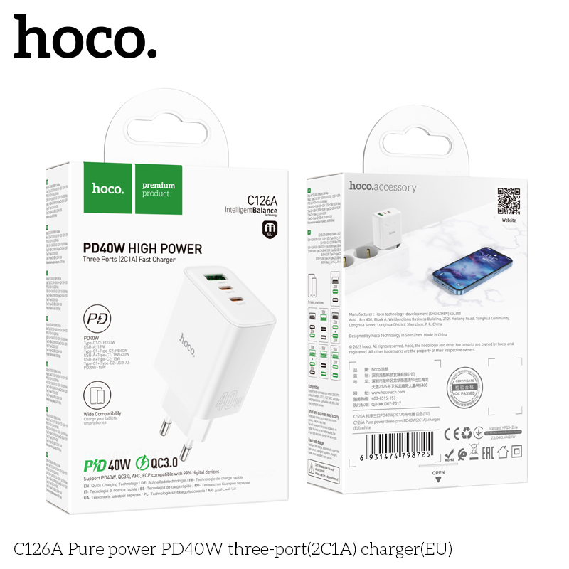 Cốc Sạc Nhanh Hoco C126A Pd40W 3 Cổng Sạc (1 Usb, 2 Type C)