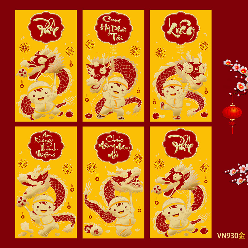 Bao Lì Xì 2024 Phong Bì Đỏ, Vàng 6 Chiếc 1 Gói (Ngẫu Nhiên)