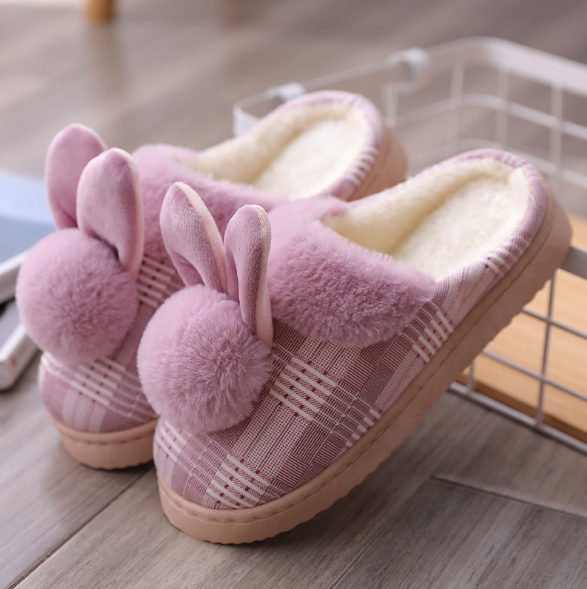 Dép Lông Mang Trong Nhà Caro Hình Thỏ Siêu Đáng Yêu