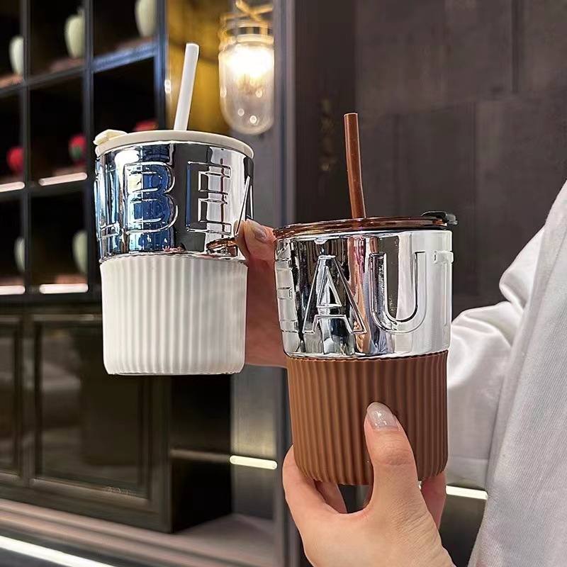 Cốc Uống Nước, Cafe Cao Cấp 400Ml Có Ống Hút Decor Xinh Xắn