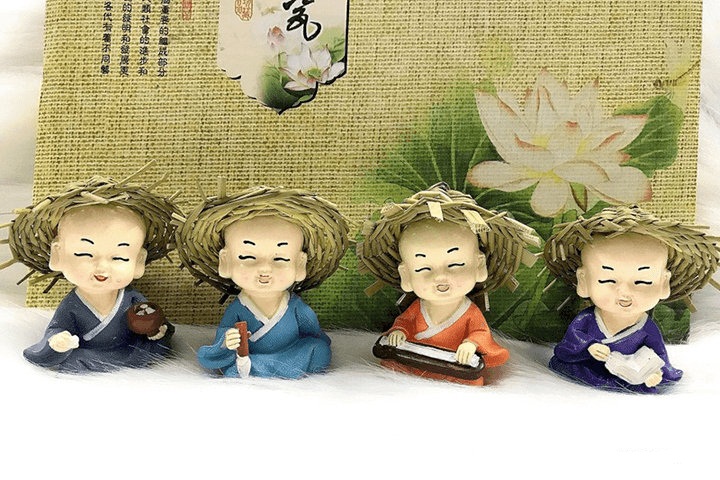 Bộ 4 Chú Tiểu Cầm Kỳ Thi Họa Đội Nón Rơm