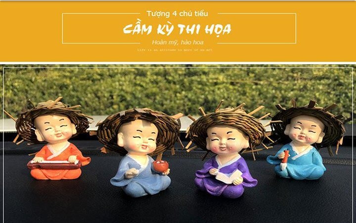 Bộ 4 Chú Tiểu Cầm Kỳ Thi Họa Đội Nón Rơm