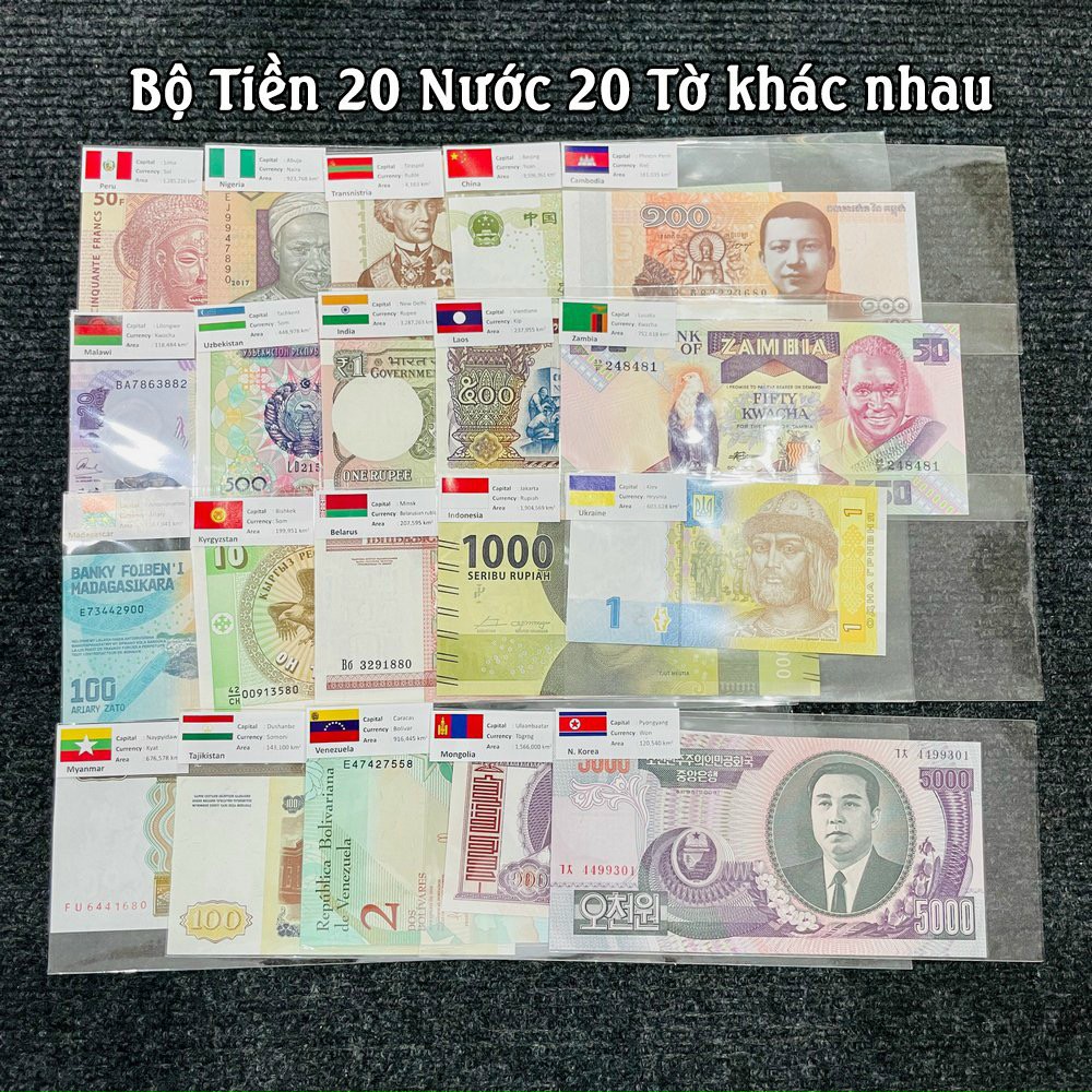 Bộ Lì Xì 20 Tờ Tiền Thật 20 Quốc Gia Tặng Kèm Túi Gấm Cao Cấp