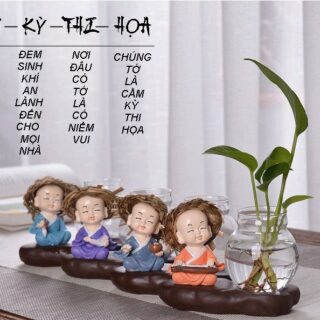 Bộ 4 Chú Tiểu Cầm Kỳ Thi Họa Đội Nón Rơm