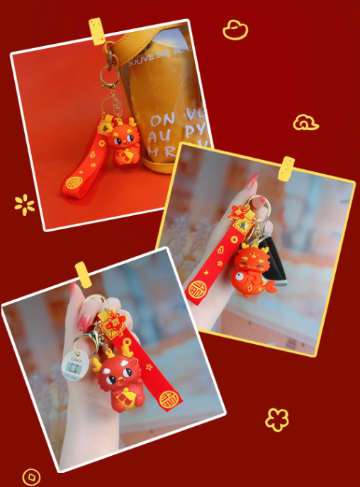 Móc Khoá Hình Bé Rồng Màu Đỏ May Mắn Có Dây Treo Silicon