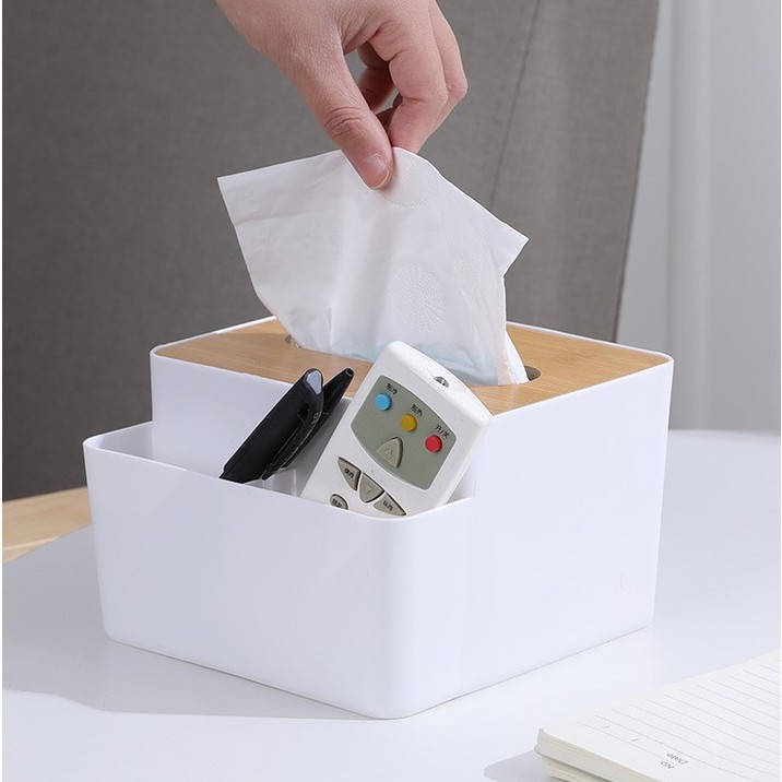 Hộp Đựng Giấy Ăn Đa Năng 2 Ngăn Mặt Gỗ Tiện Dụng Gọn Gàng Sang Trọng